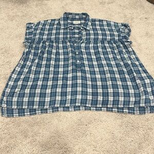 American Eagle Short Sleeve Blue Plaid Babydoll Shirt - Size L